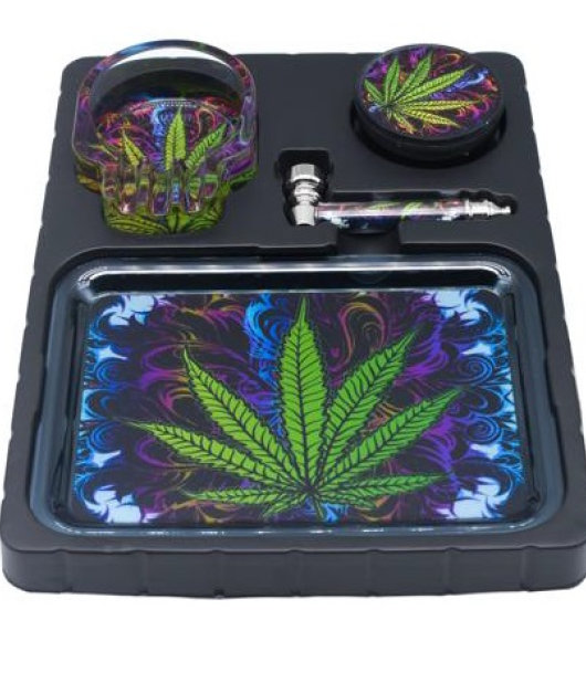 GIFT SET 4PCS TRAY, ASHTRAY, PIPE & GRINDER